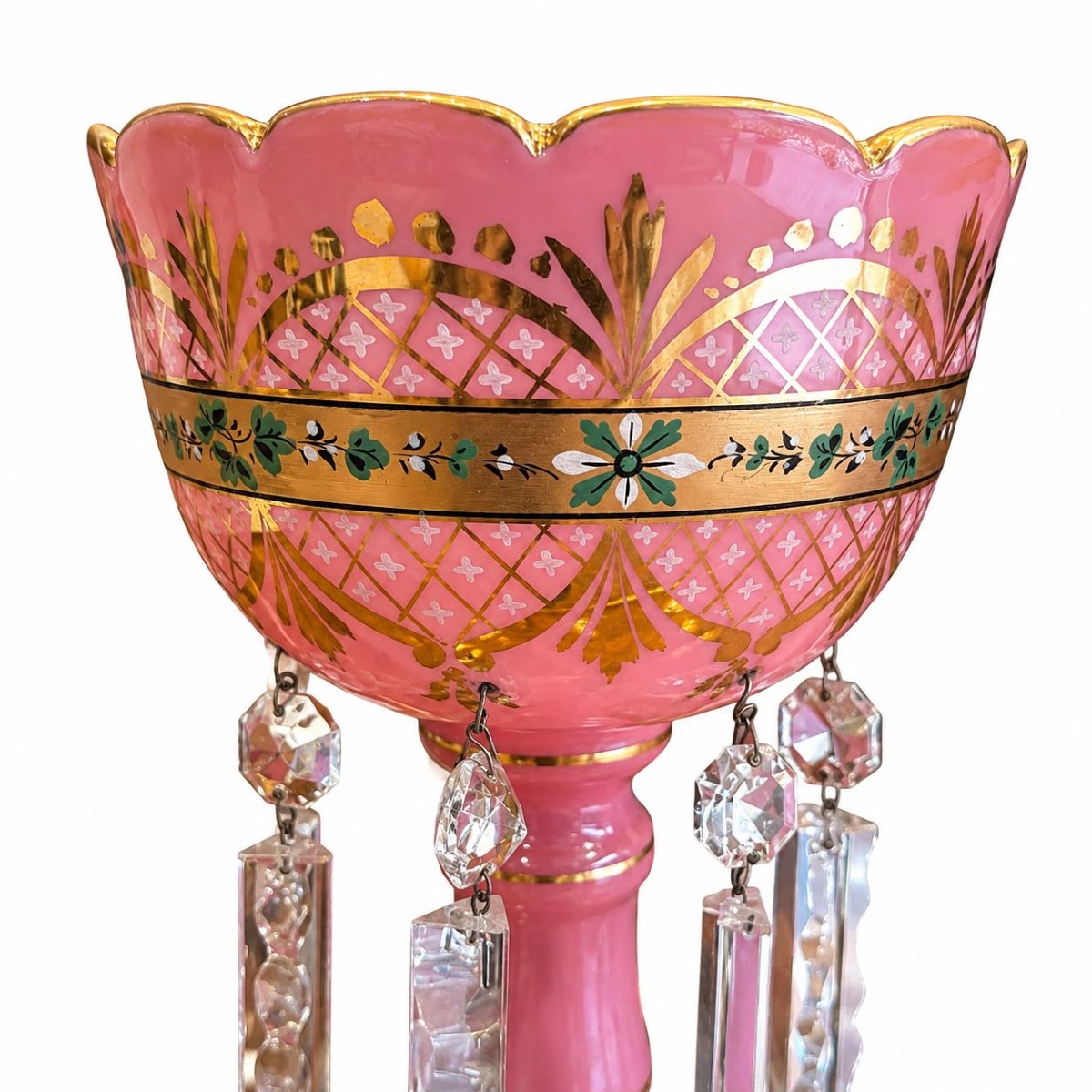Paire de porte-ananas en opaline rose à pendeloques, XIXᵉ siècle-photo-4