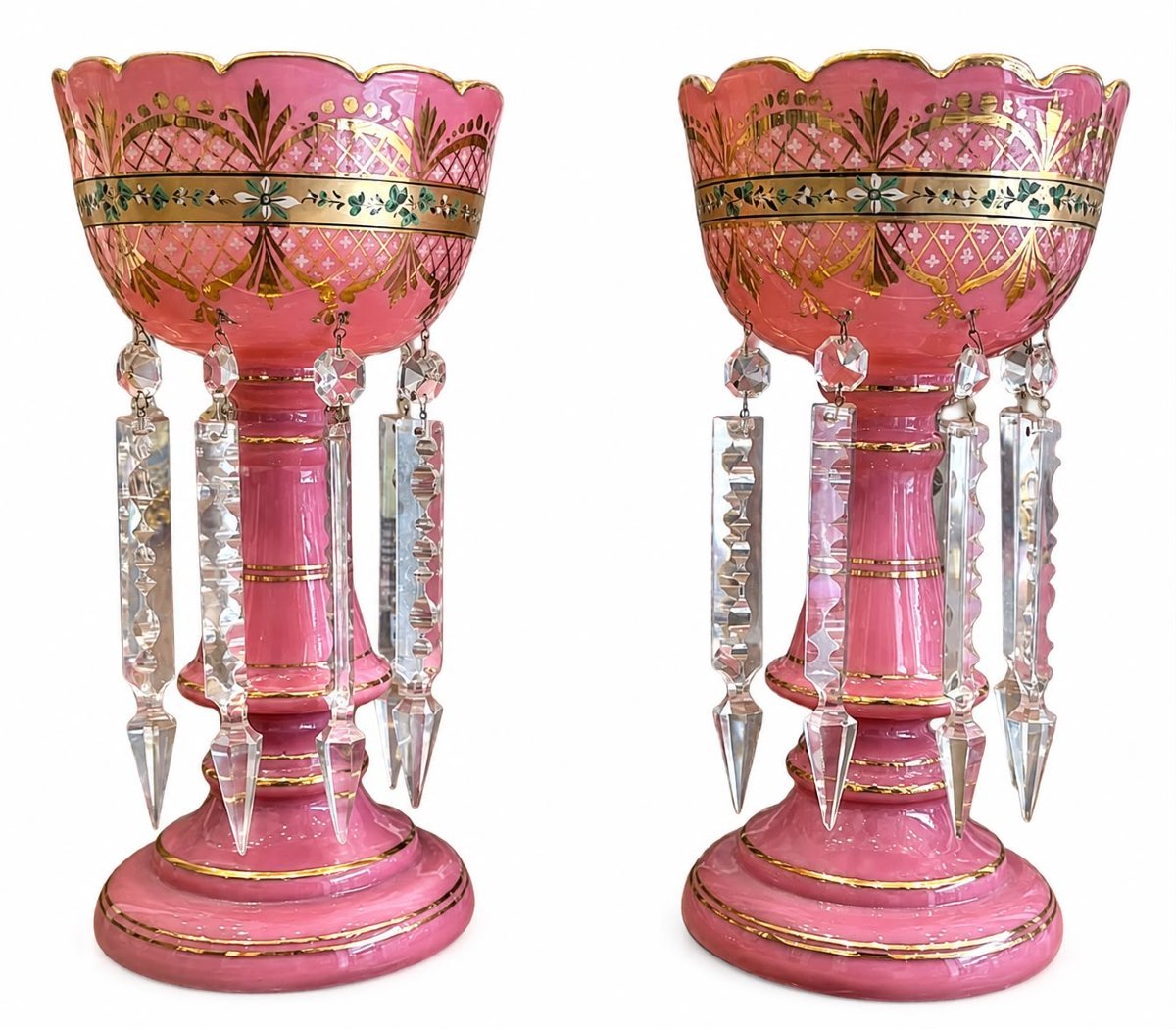 Paire de porte-ananas en opaline rose à pendeloques, XIXᵉ siècle-photo-2