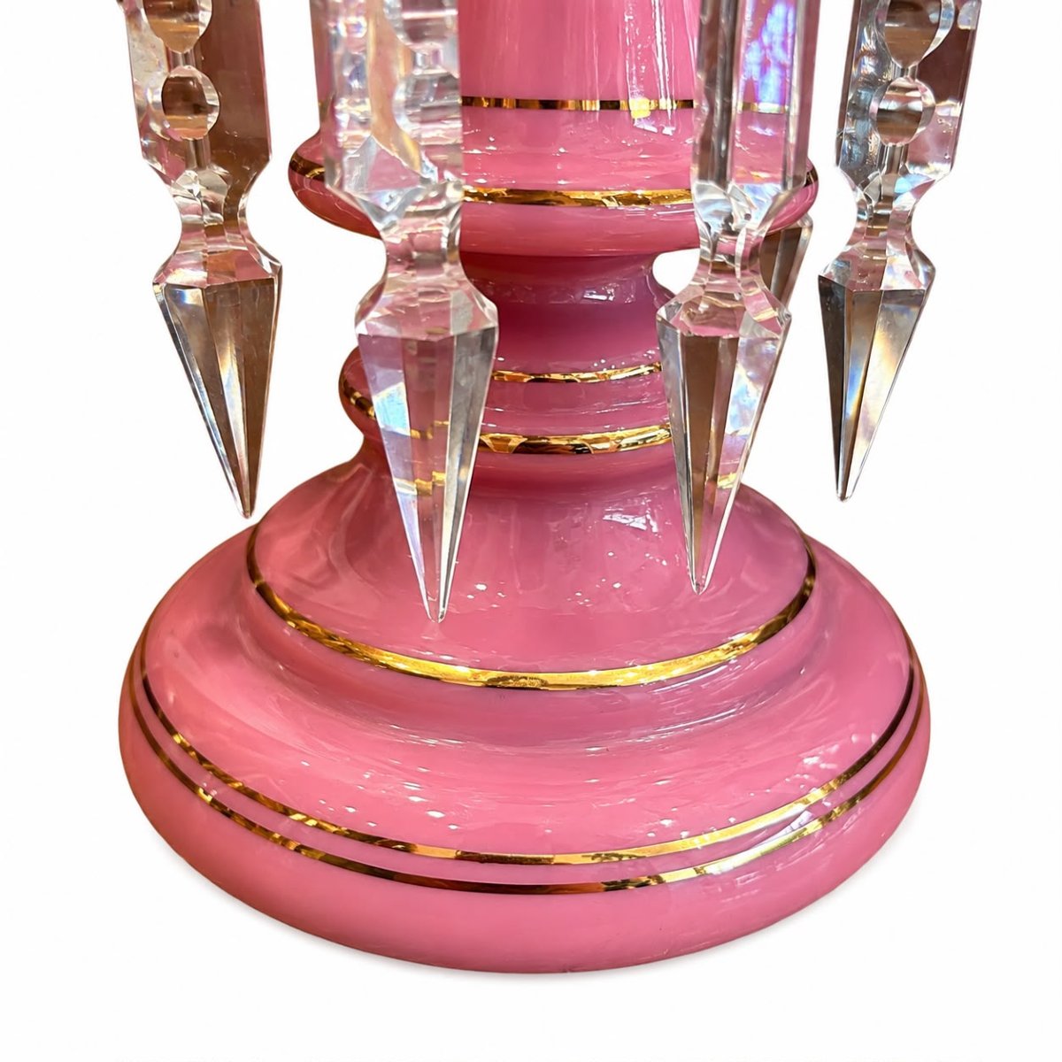 Paire de porte-ananas en opaline rose à pendeloques, XIXᵉ siècle-photo-1