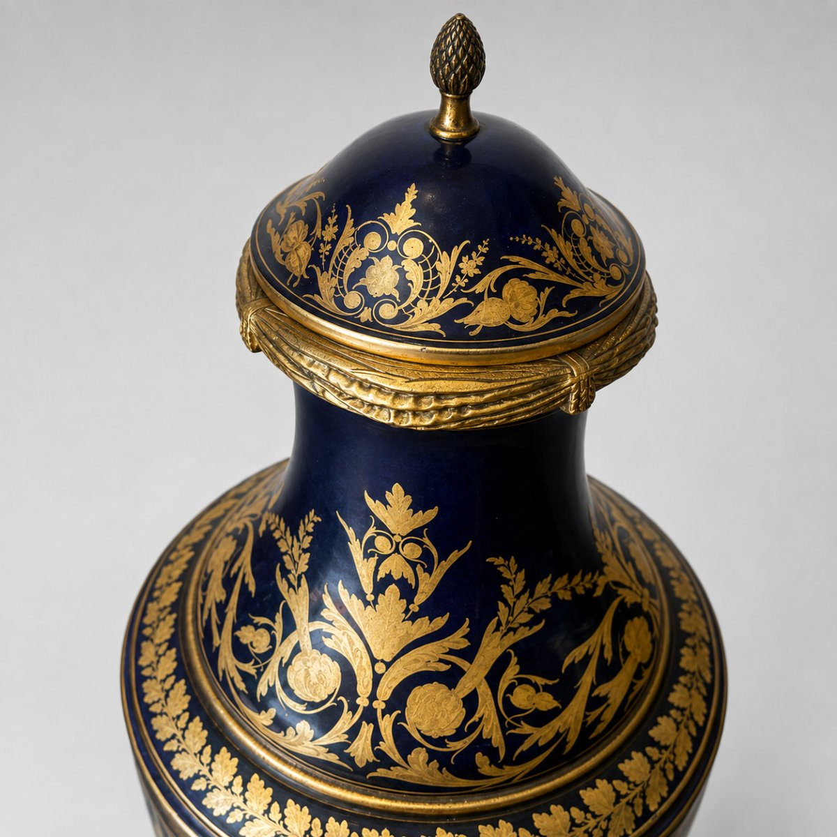 Paire d'urnes couverte en porcelaine bleu cobalt et bronze doré - Style Sèvres, XIXe siècle .-photo-2