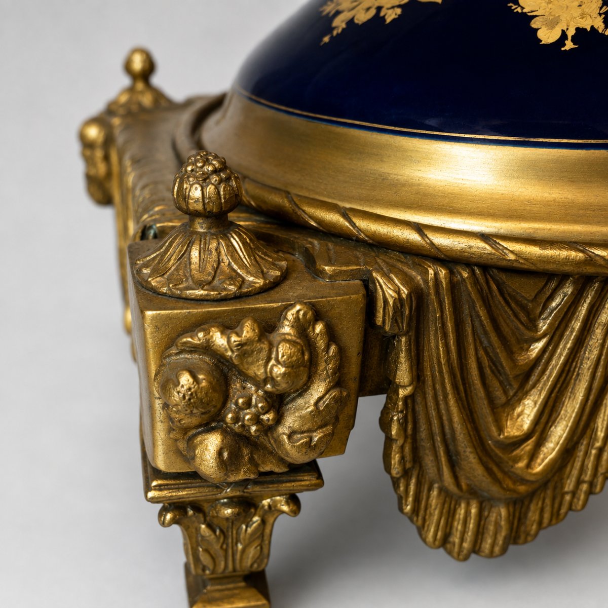 Paire d'urnes couverte en porcelaine bleu cobalt et bronze doré - Style Sèvres, XIXe siècle .-photo-1