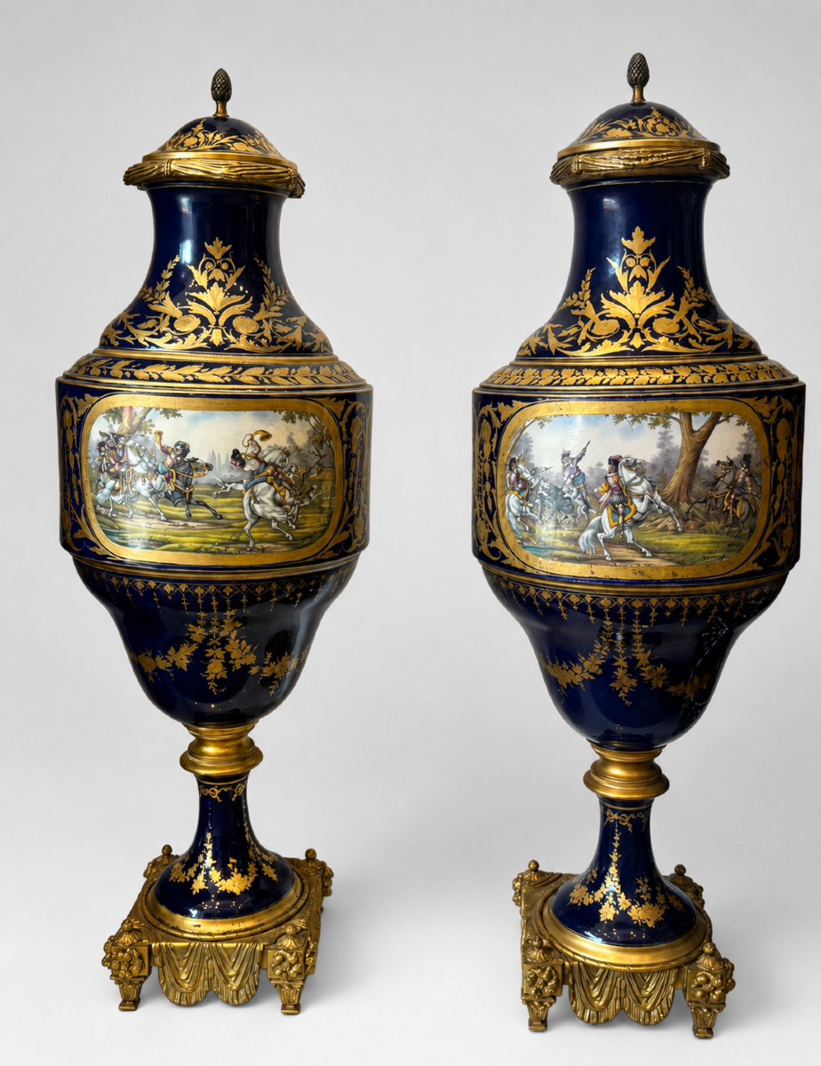 Paire d'urnes couverte en porcelaine bleu cobalt et bronze doré - Style Sèvres, XIXe siècle .