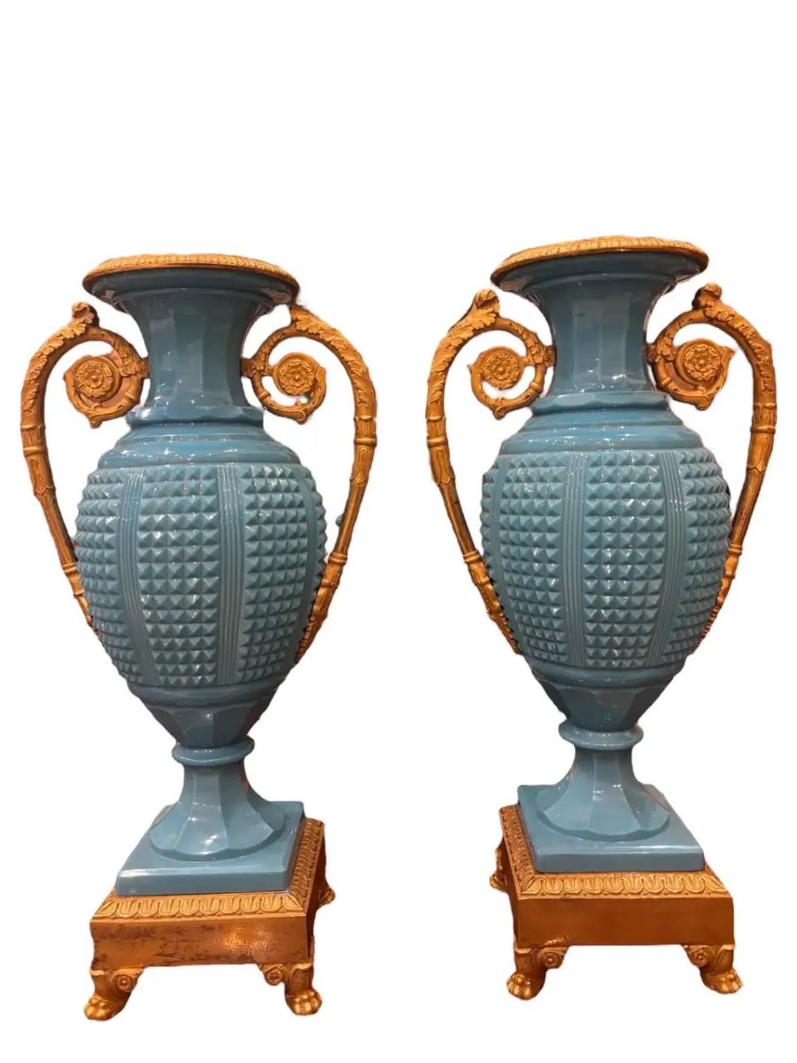 Garniture de cheminée Charles X Opaline bleue-photo-2