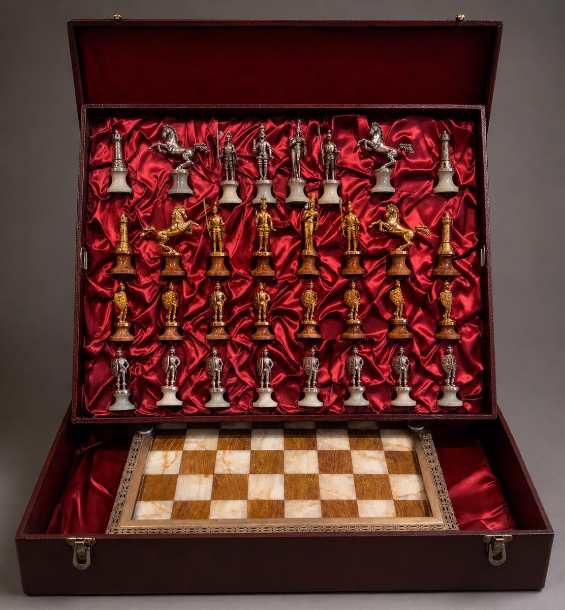 Jeu d'échecs en argent et vermeil dans son coffret de voyage. 