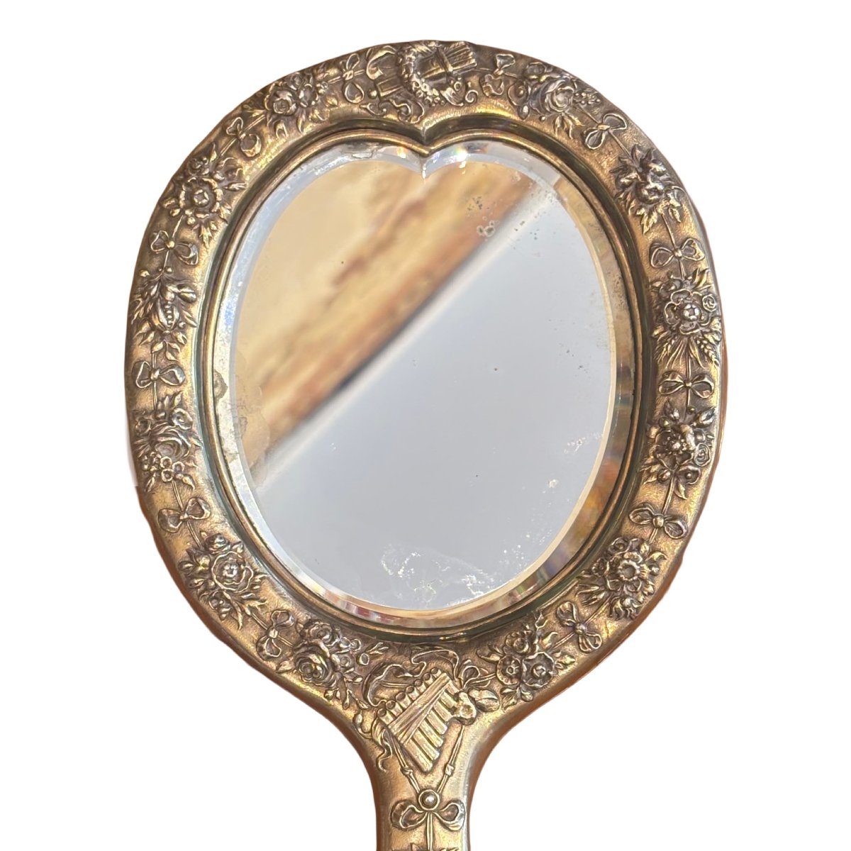 Handheld Mirror In Repoussé And Chiseled Silver, Decorated With Putti And Flowers, 1894-photo-3