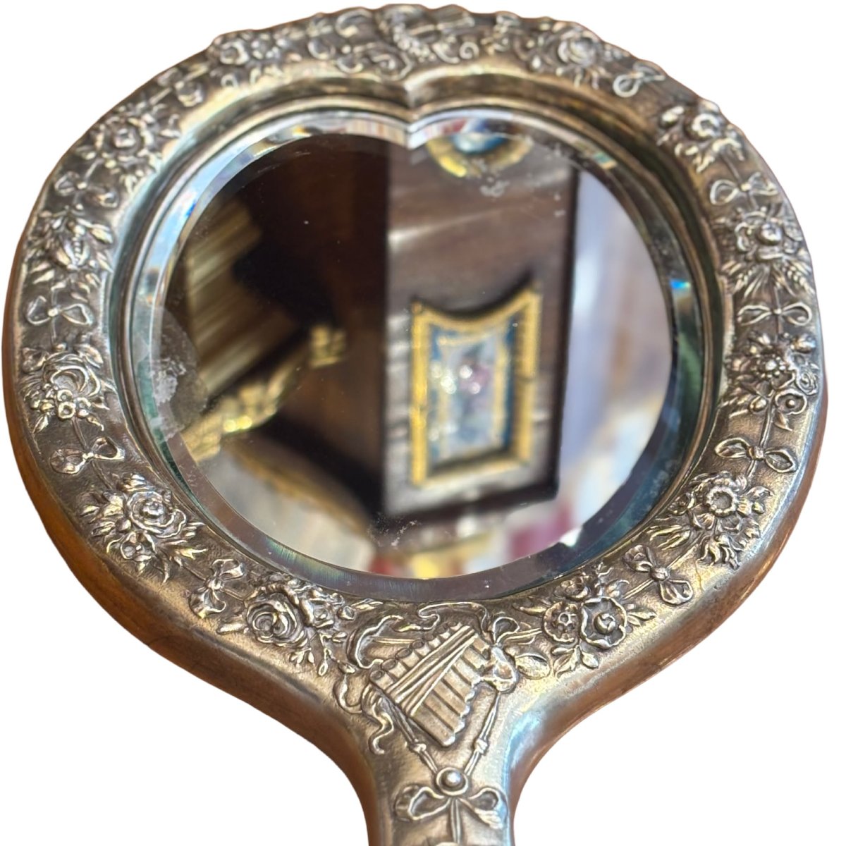 Handheld Mirror In Repoussé And Chiseled Silver, Decorated With Putti And Flowers, 1894-photo-3