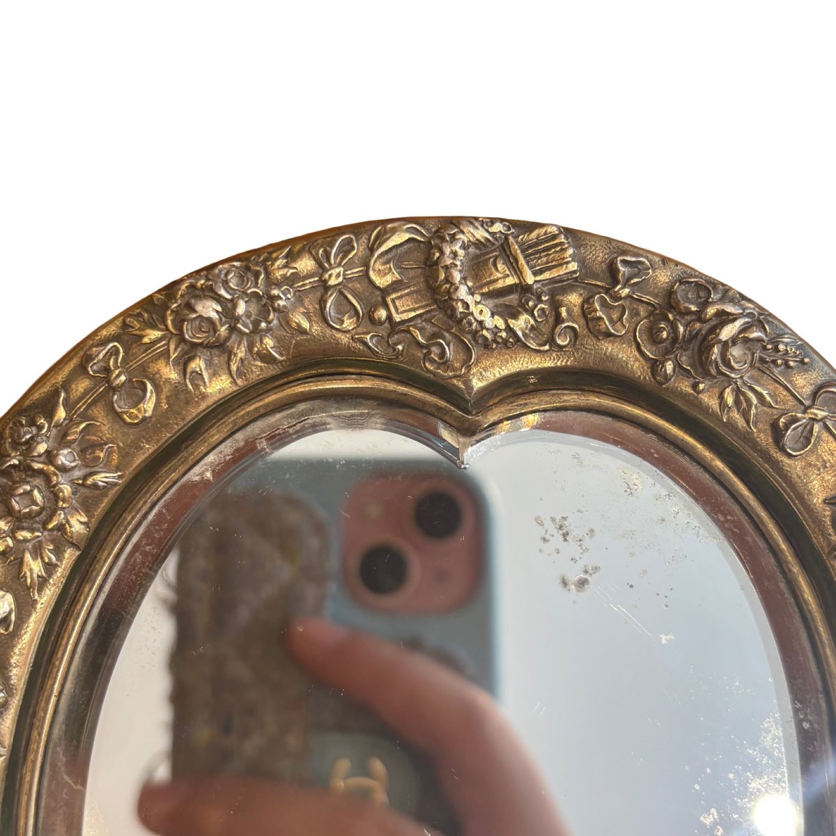 Handheld Mirror In Repoussé And Chiseled Silver, Decorated With Putti And Flowers, 1894-photo-2
