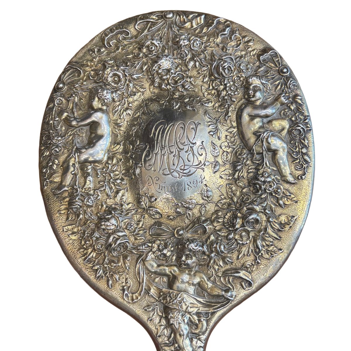 Handheld Mirror In Repoussé And Chiseled Silver, Decorated With Putti And Flowers, 1894-photo-4