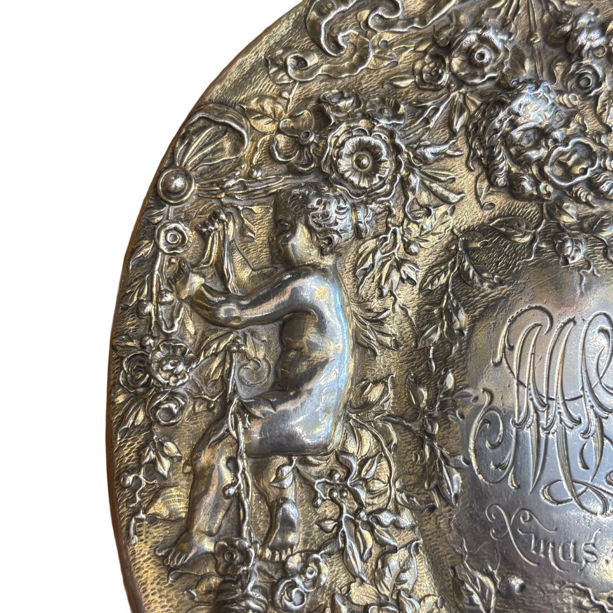 Handheld Mirror In Repoussé And Chiseled Silver, Decorated With Putti And Flowers, 1894-photo-5