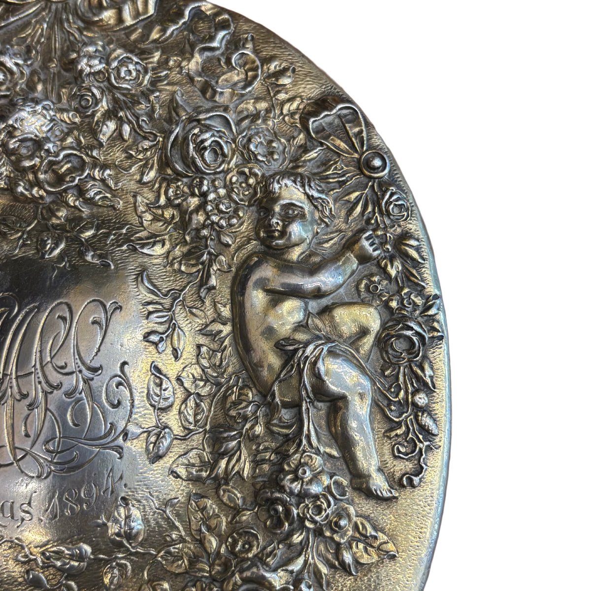Handheld Mirror In Repoussé And Chiseled Silver, Decorated With Putti And Flowers, 1894-photo-6