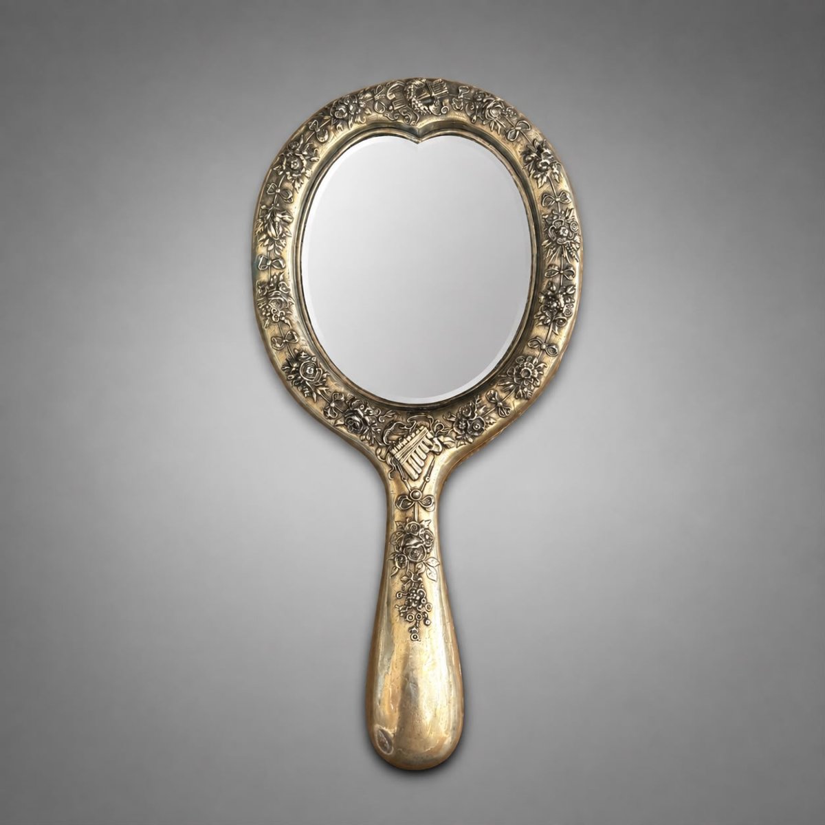 Handheld Mirror In Repoussé And Chiseled Silver, Decorated With Putti And Flowers, 1894