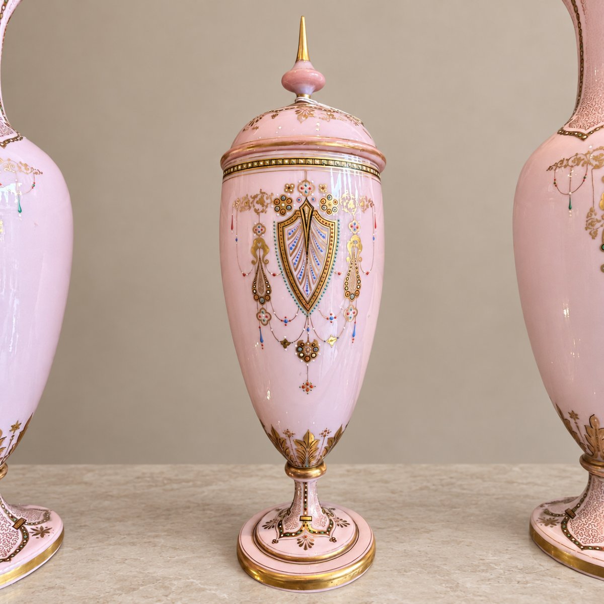 Verre opalin rose, décor émaillé polychrome et rehauts dorés .-photo-2