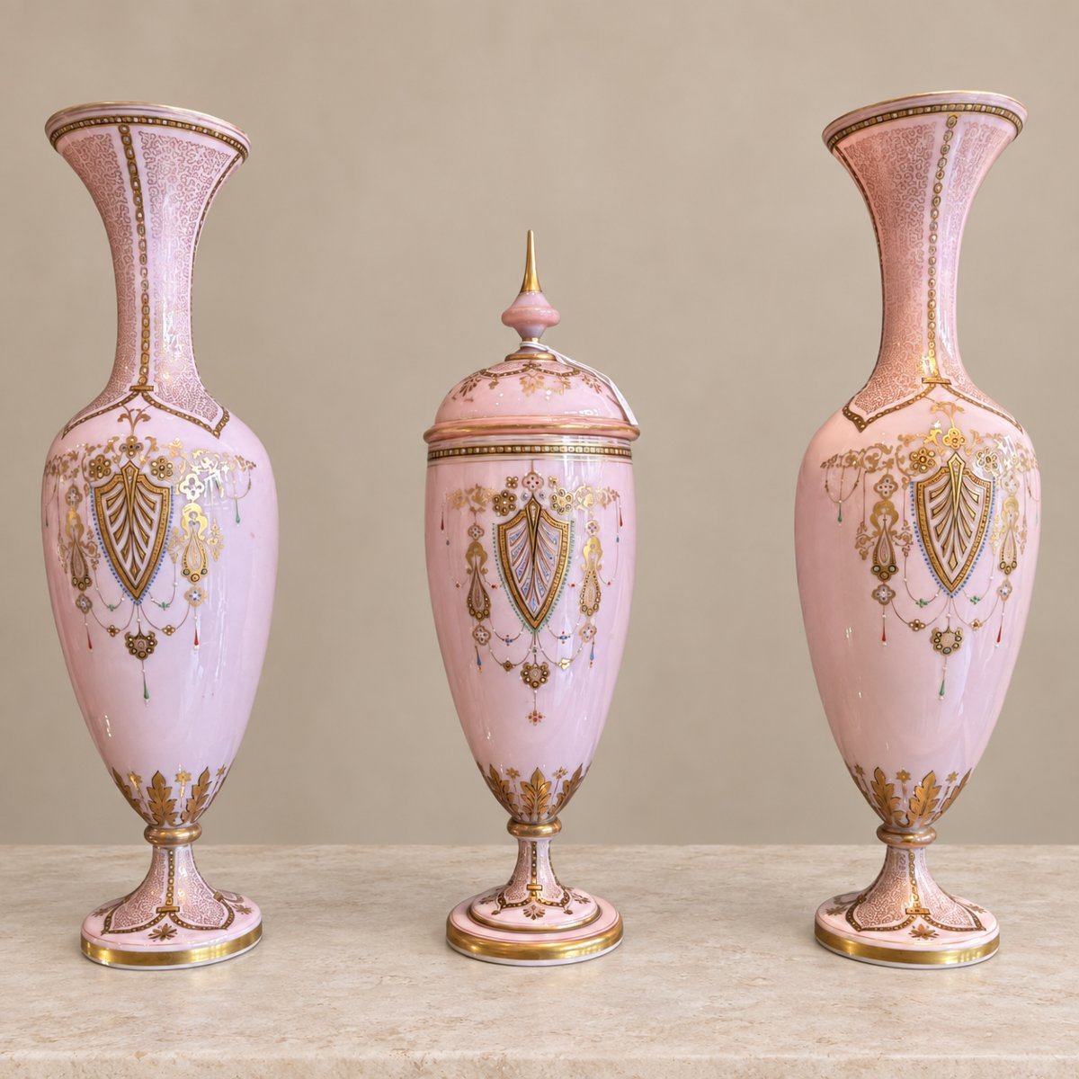 Verre opalin rose, décor émaillé polychrome et rehauts dorés .