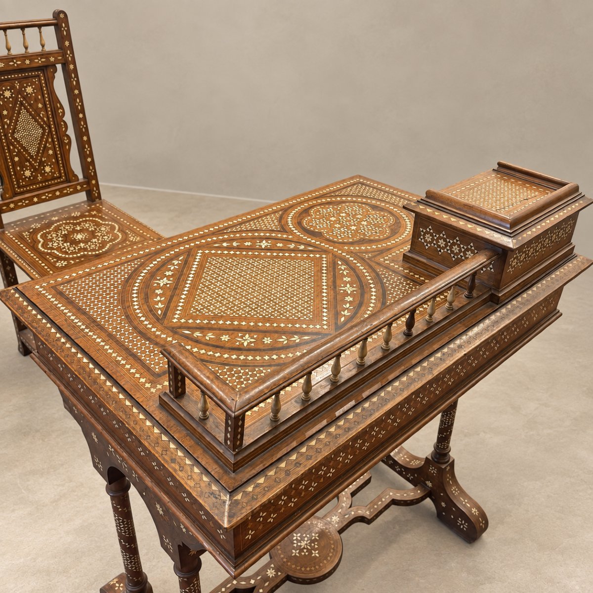 19th-century Indo-portuguese Inlaid Desk And Matching Chair-photo-3