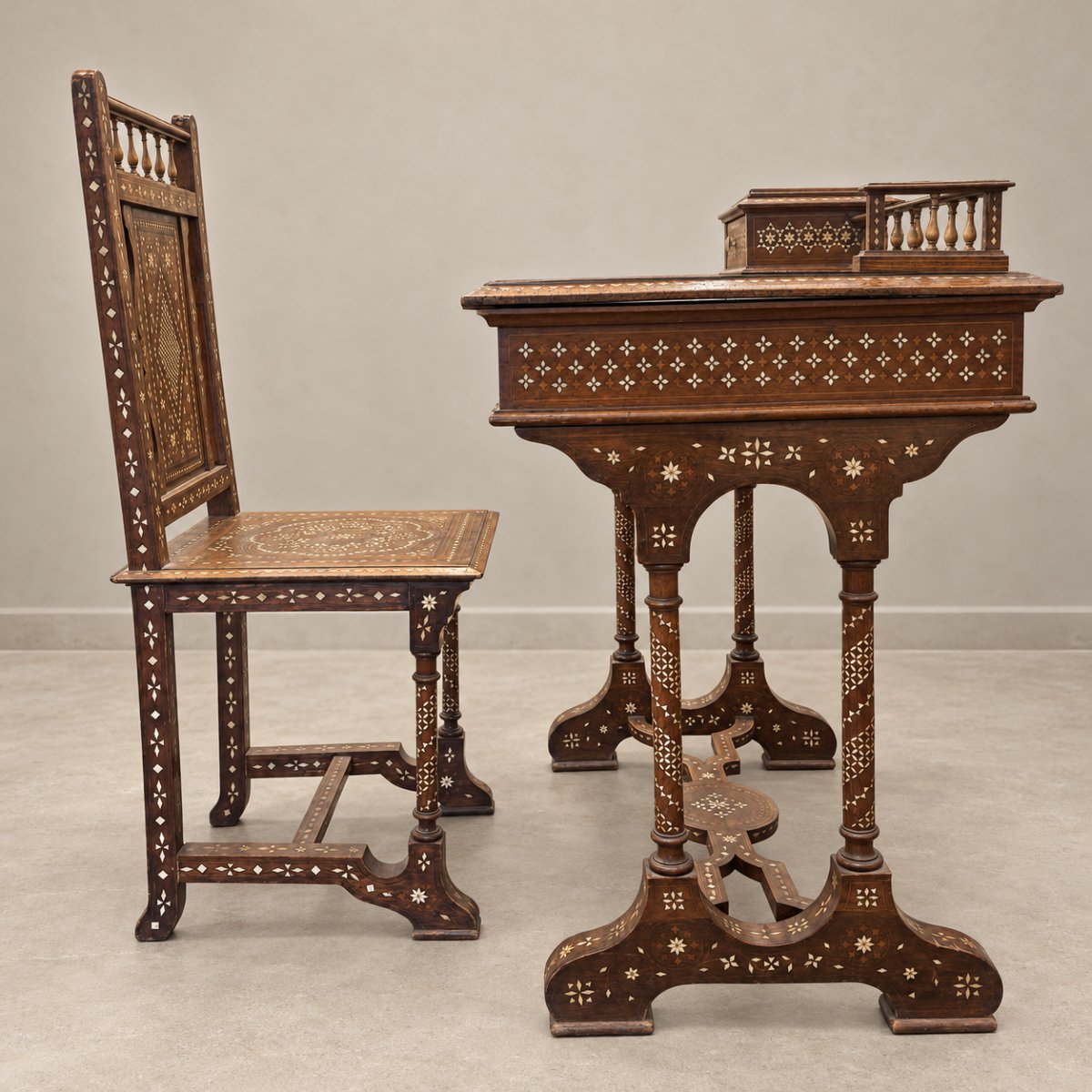 19th-century Indo-portuguese Inlaid Desk And Matching Chair