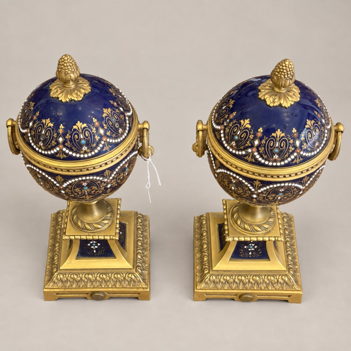 Pair Of Lidded Vases In Cobalt Blue And Gilded Bronze-photo-3
