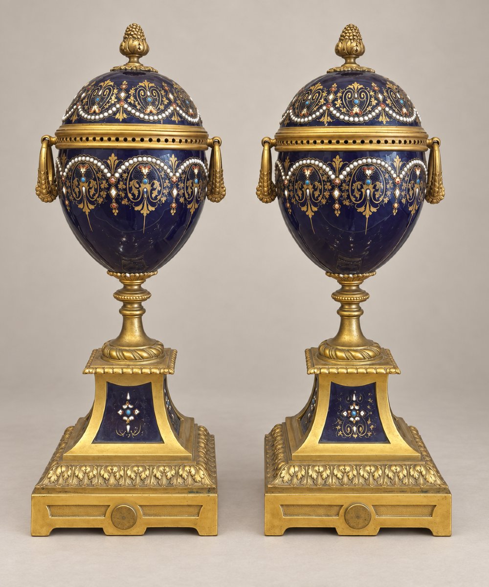 Pair Of Lidded Vases In Cobalt Blue And Gilded Bronze