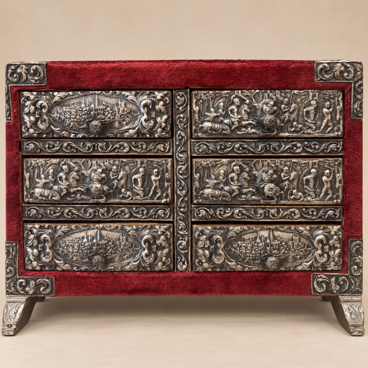 Petit cabinet à six tiroirs gainé de velours rouge, -photo-2
