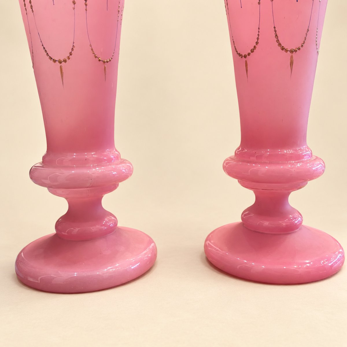 Pair Of Pink Opaline Cone-shaped Vases With Gold And Blue Decoration-photo-1