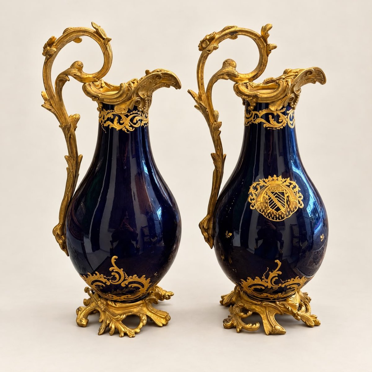 Pair Of Cobalt Blue Ewers With Gilt Decoration, Louis XV Style-photo-3