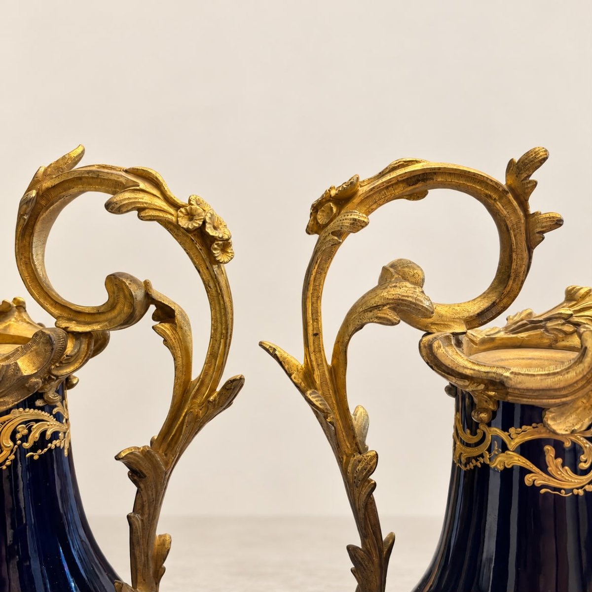 Pair Of Cobalt Blue Ewers With Gilt Decoration, Louis XV Style-photo-1