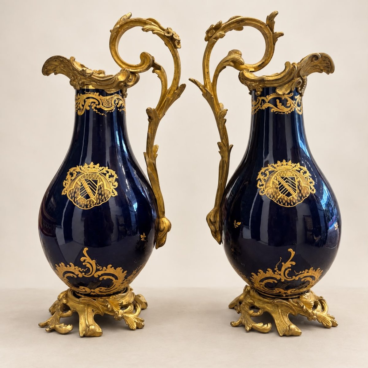 Pair Of Cobalt Blue Ewers With Gilt Decoration, Louis XV Style