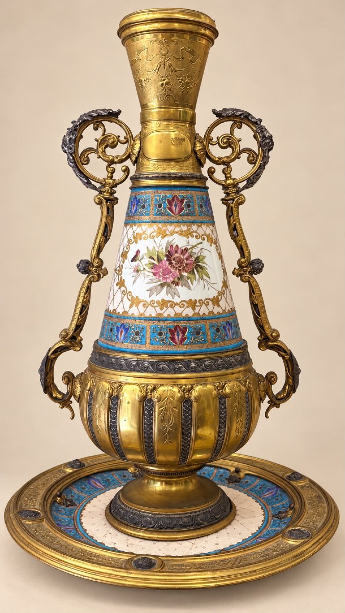 Vase et plat assorti à décor floral et monture dorée, XIXe siècle 