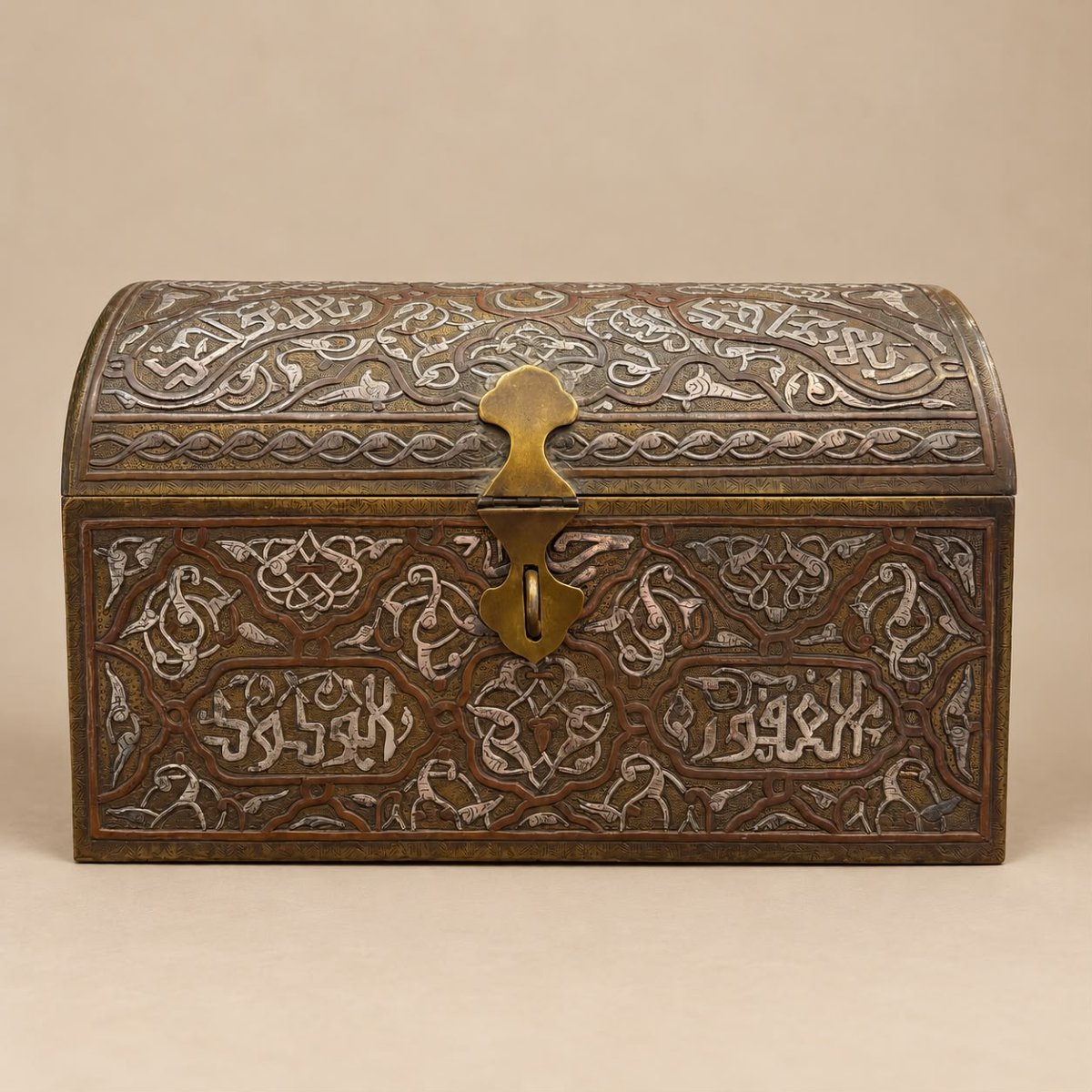 Coffret damascène à décor calligraphique et incrustations d'argent 