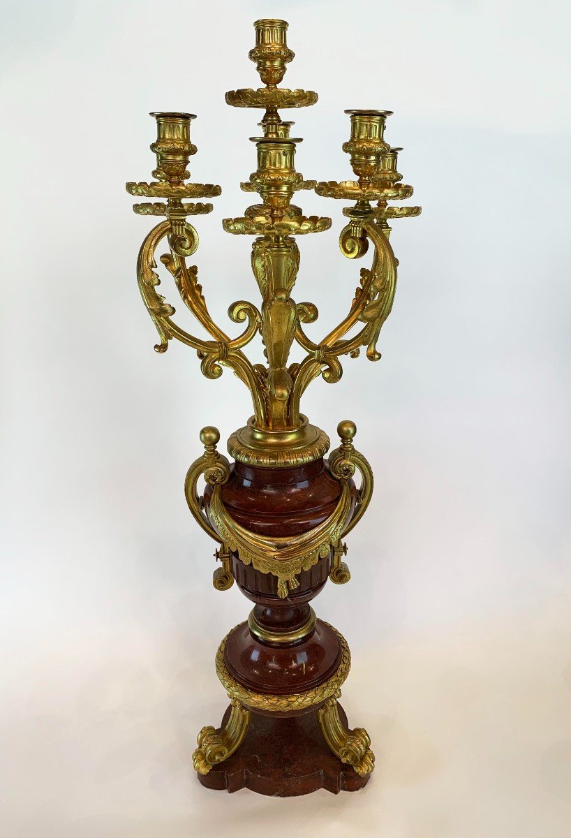 Pair Of Candelabra In Red Marble Frame / Bronze French Work 19 S-photo-3