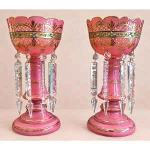 Pair Of Pink Opaline Pineapple Holders With Crystal Prisms, 19th Century