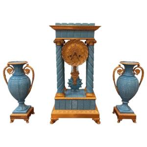 Charles X Mantel Garniture In Blue Opaline Glass
