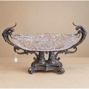 Centre de table en cristal taillé et monture argentée