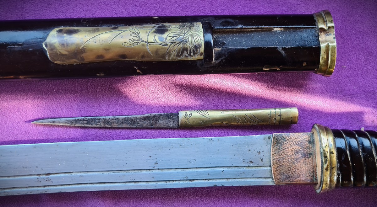Wakizashi Aîkuchi, Lame Gravée d'un Dragon Japon époque Meiji-photo-2