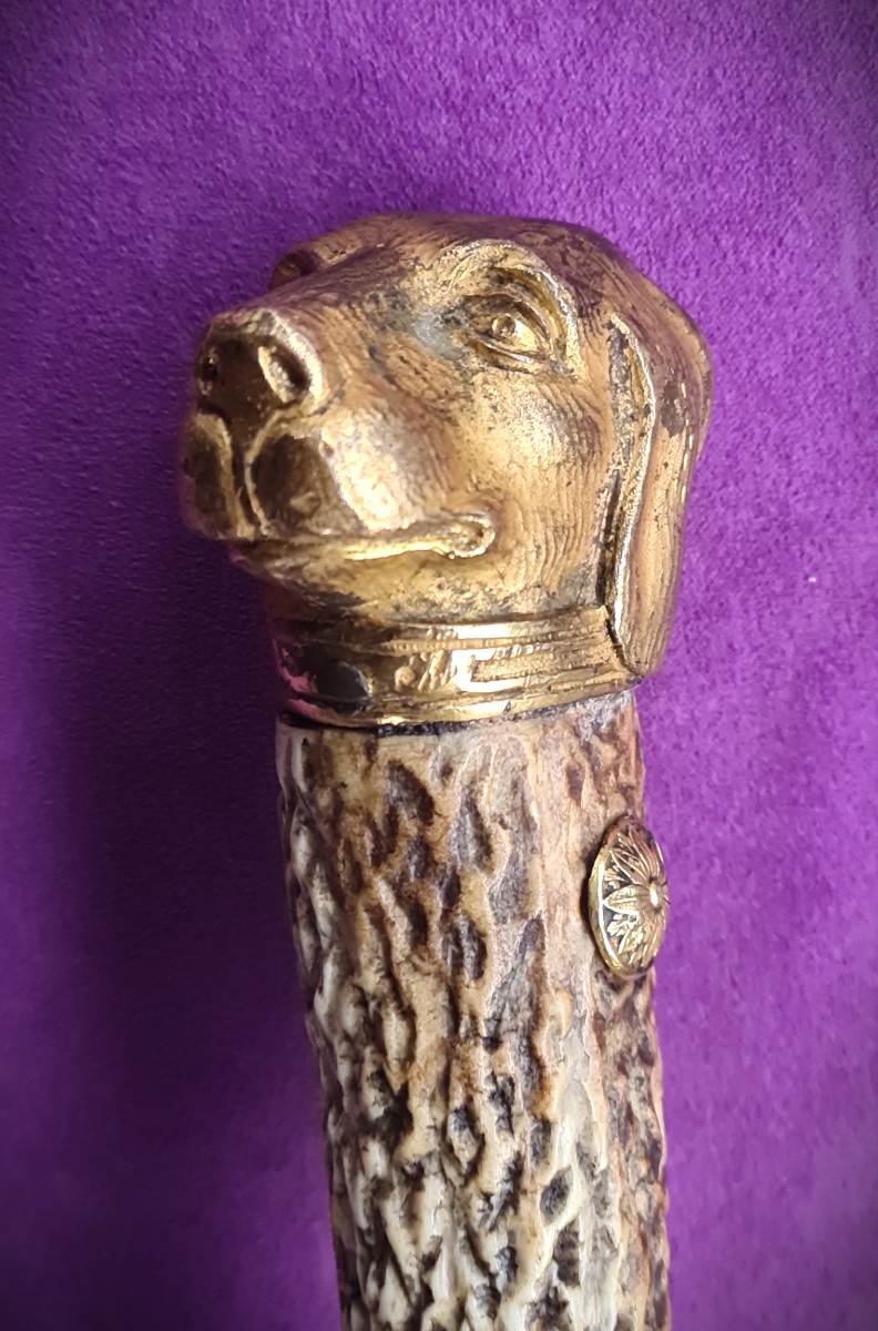 Dague de chasse de luxe HIRSCHFÄNGER lame gravée, monture bronze doré-photo-3