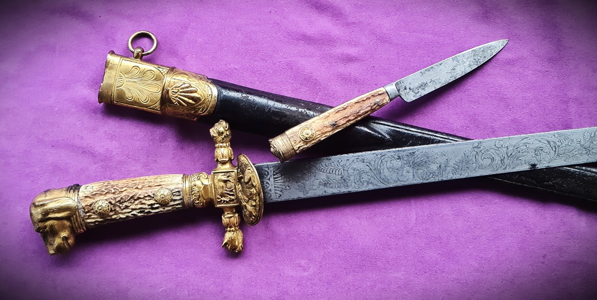 Dague de chasse de luxe HIRSCHFÄNGER lame gravée, monture bronze doré-photo-4