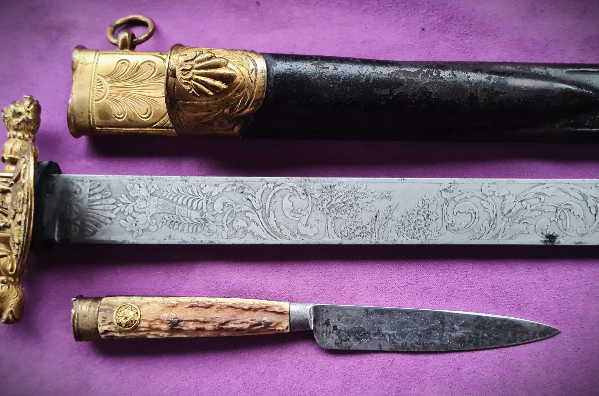 Dague de chasse de luxe HIRSCHFÄNGER lame gravée, monture bronze doré-photo-2