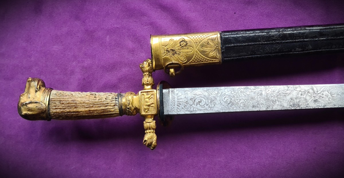 Dague de chasse de luxe HIRSCHFÄNGER lame gravée, monture bronze doré-photo-3