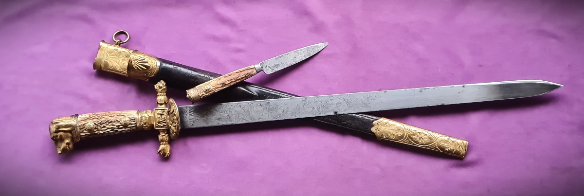 Dague de chasse de luxe HIRSCHFÄNGER lame gravée, monture bronze doré-photo-6