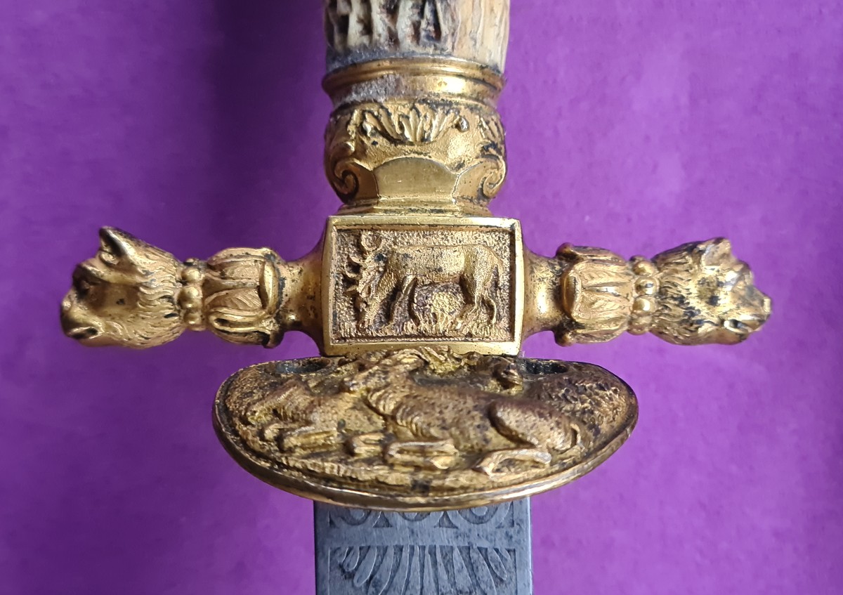 Dague de chasse de luxe HIRSCHFÄNGER lame gravée, monture bronze doré-photo-7