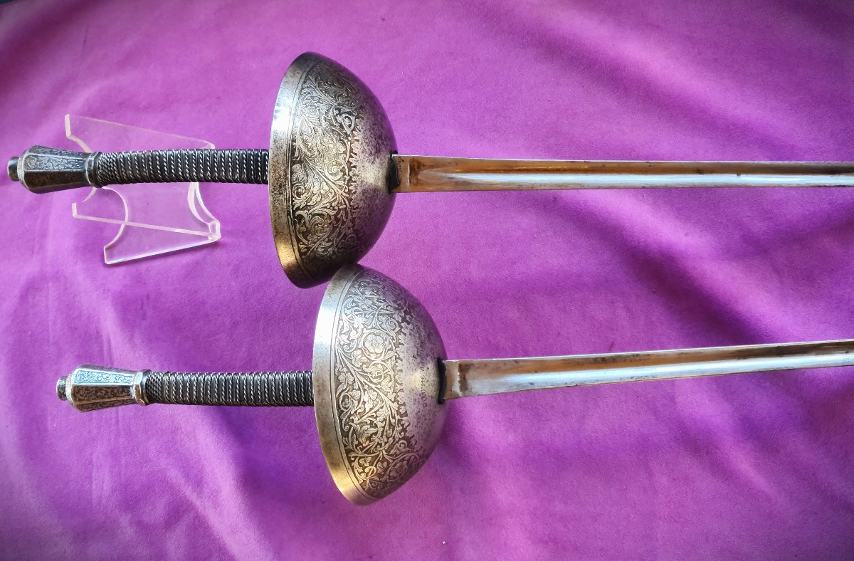 Rare Pair  Dueling Swords, For Duelling Box Inscribed  "dieu Me Garde"-photo-4