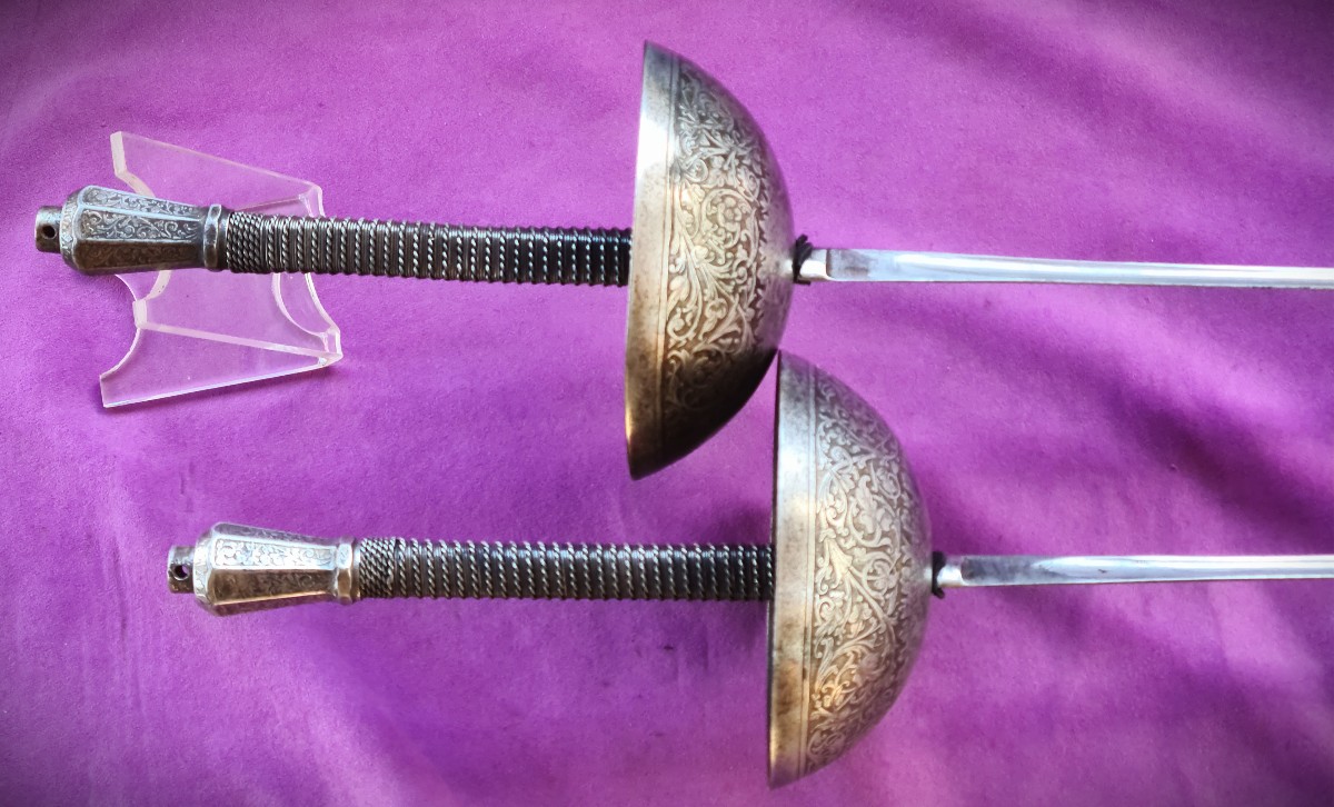 Rare Pair  Dueling Swords, For Duelling Box Inscribed  "dieu Me Garde"-photo-5