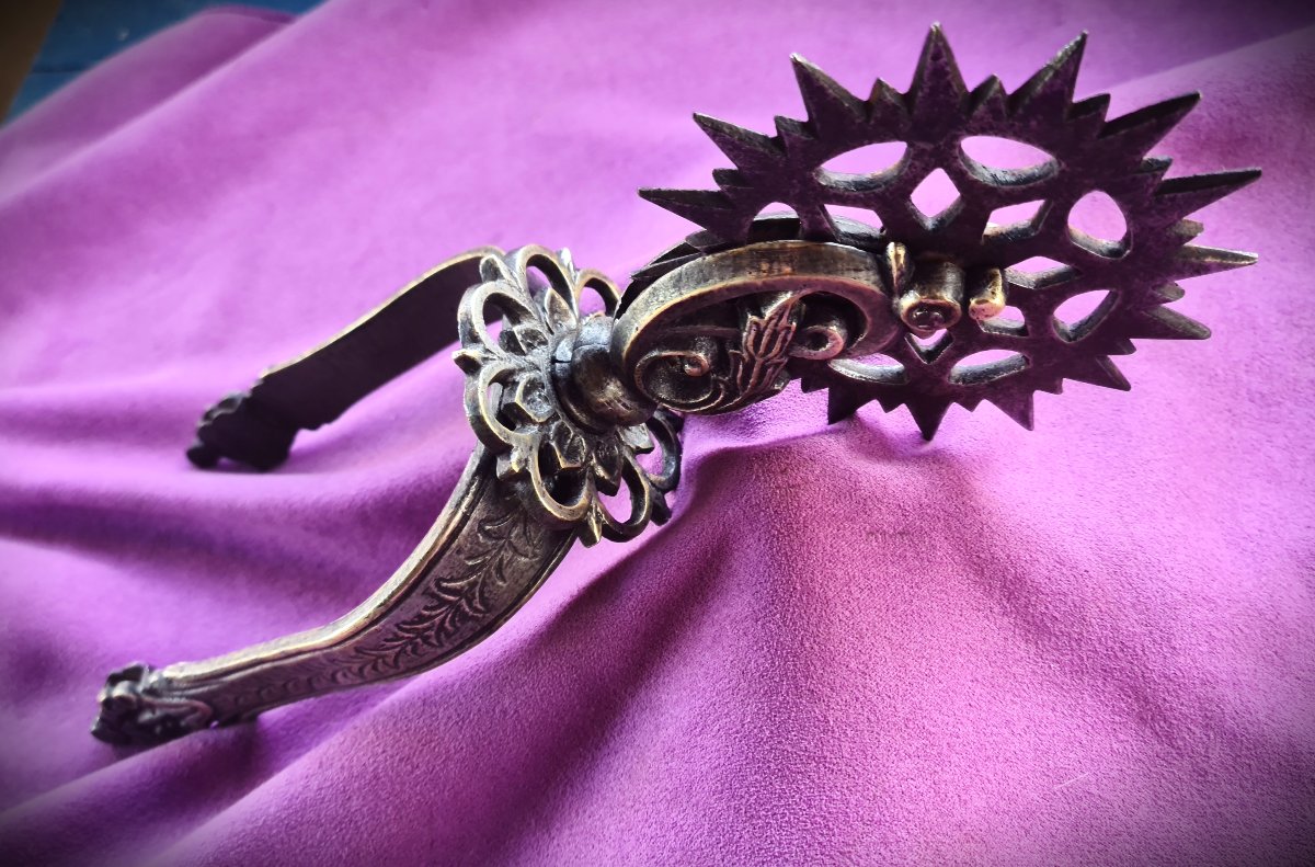 Large Argentine Spur Made Of Silver-plated Bronze And Steel, 19th Century-photo-2