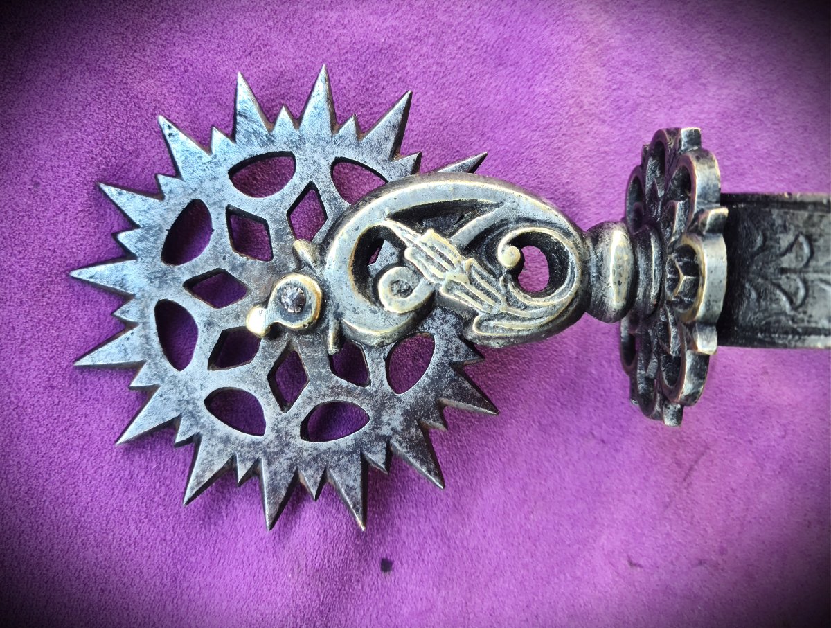 Large Argentine Spur Made Of Silver-plated Bronze And Steel, 19th Century-photo-2