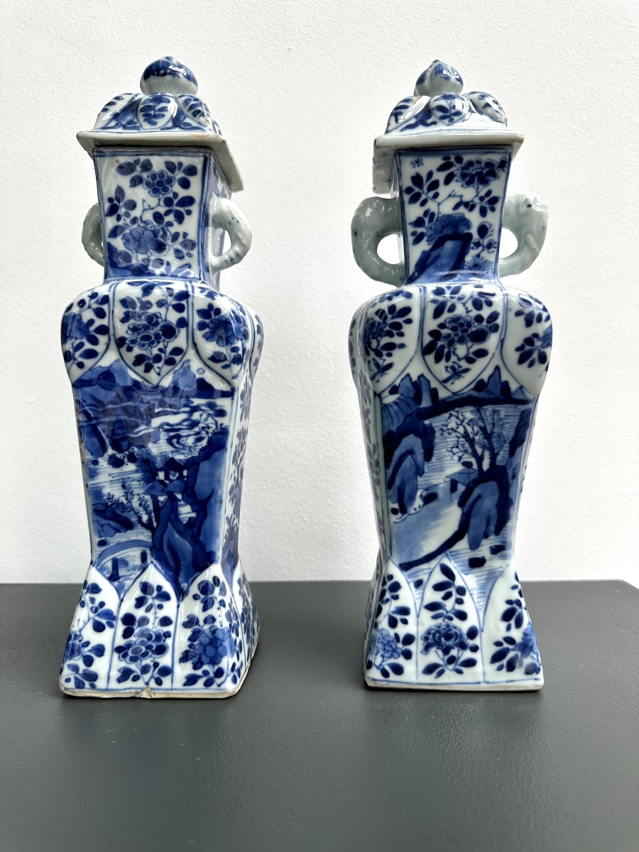Pair Of Blue-and-white Molded Vases With Elephant-shaped Handles, Kangxi Period