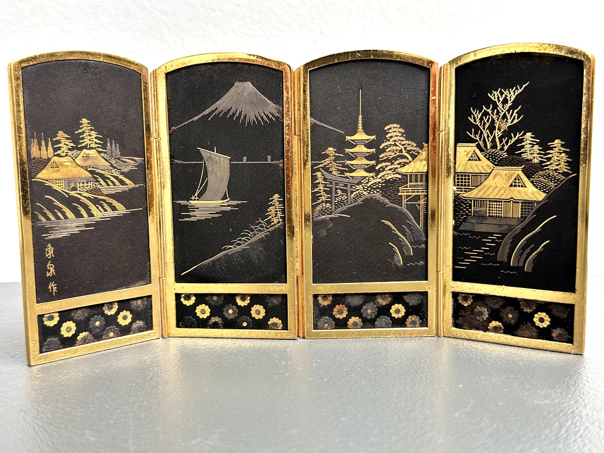 Quadruple Miniature Folding Screen In The Komai Style, From The Taisho Period.-photo-2