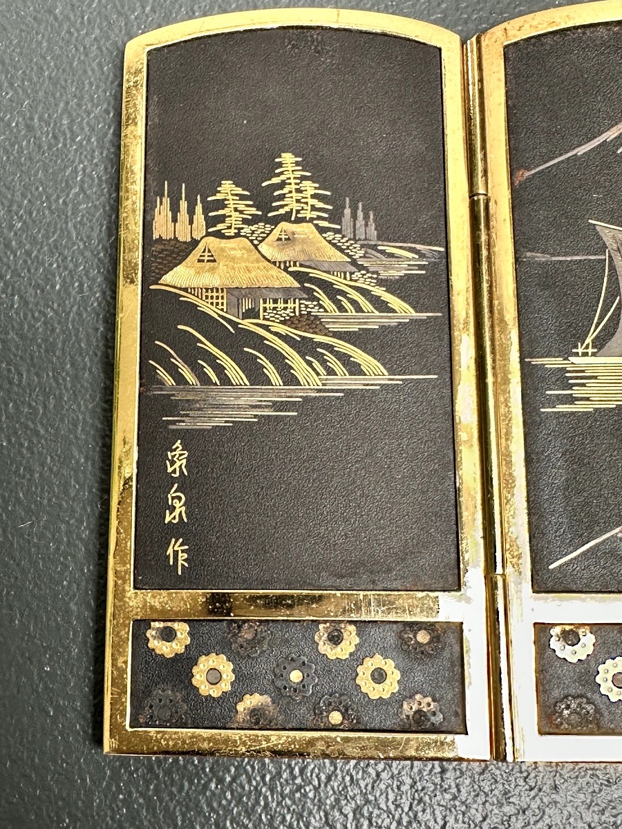Quadruple Miniature Folding Screen In The Komai Style, From The Taisho Period.-photo-4