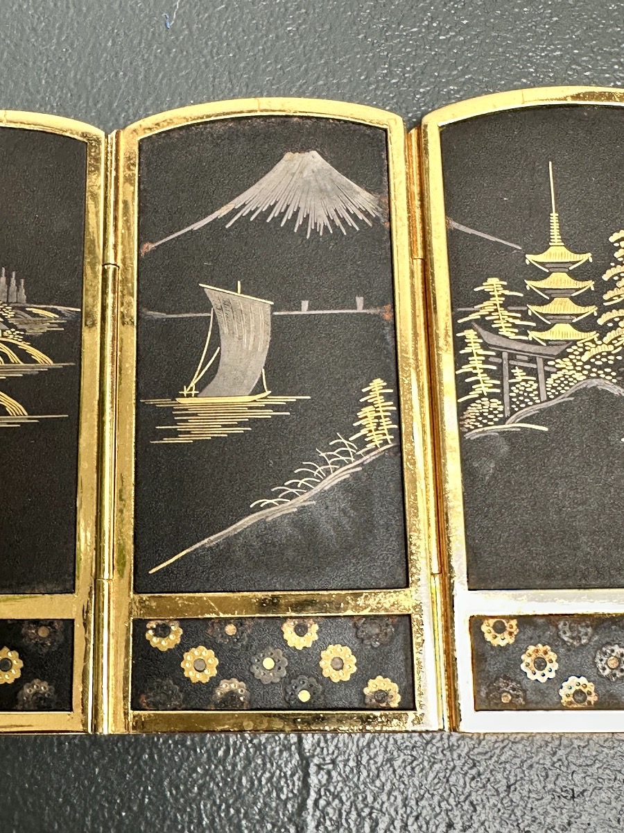 Quadruple Miniature Folding Screen In The Komai Style, From The Taisho Period.-photo-1