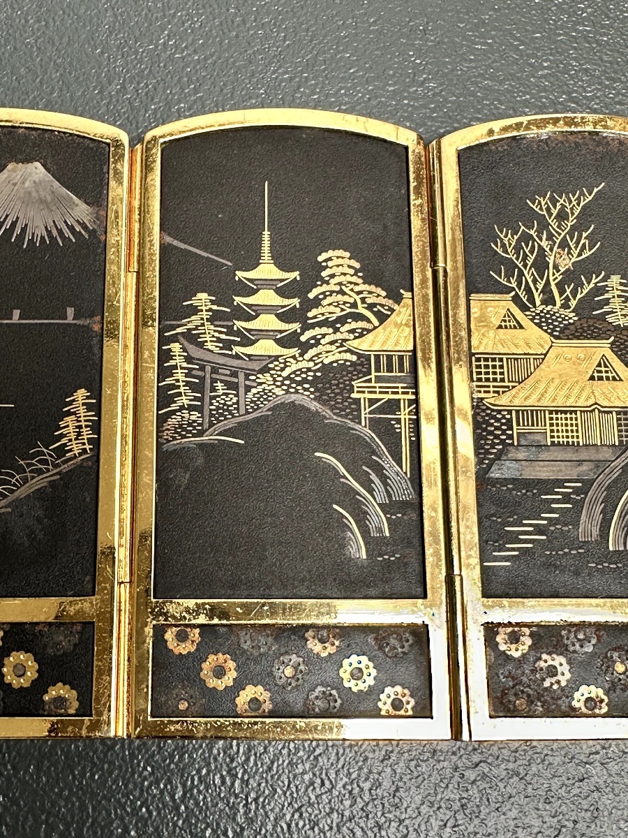 Quadruple Miniature Folding Screen In The Komai Style, From The Taisho Period.-photo-2
