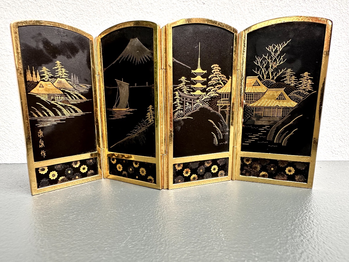 Quadruple Miniature Folding Screen In The Komai Style, From The Taisho Period.