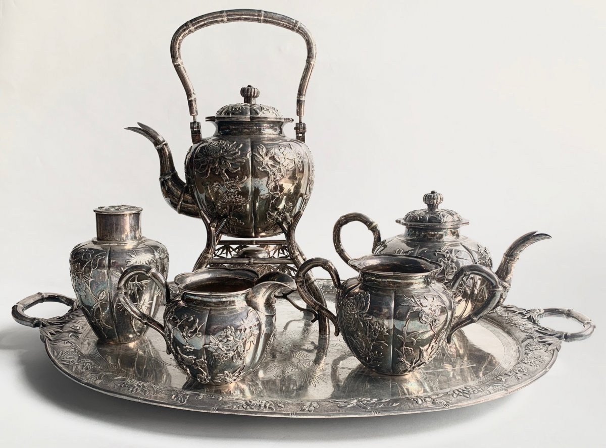 Complete Chinese Export Silver Tea Set, Luen Hing, Shanghai